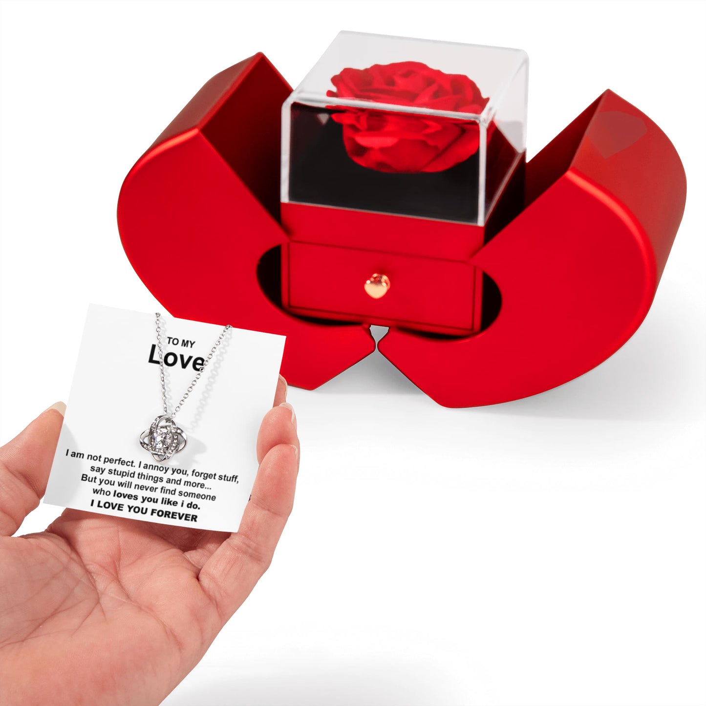 To My Love - Loves You Like I Do - Love Knot Necklace with Red Heart Rose Box