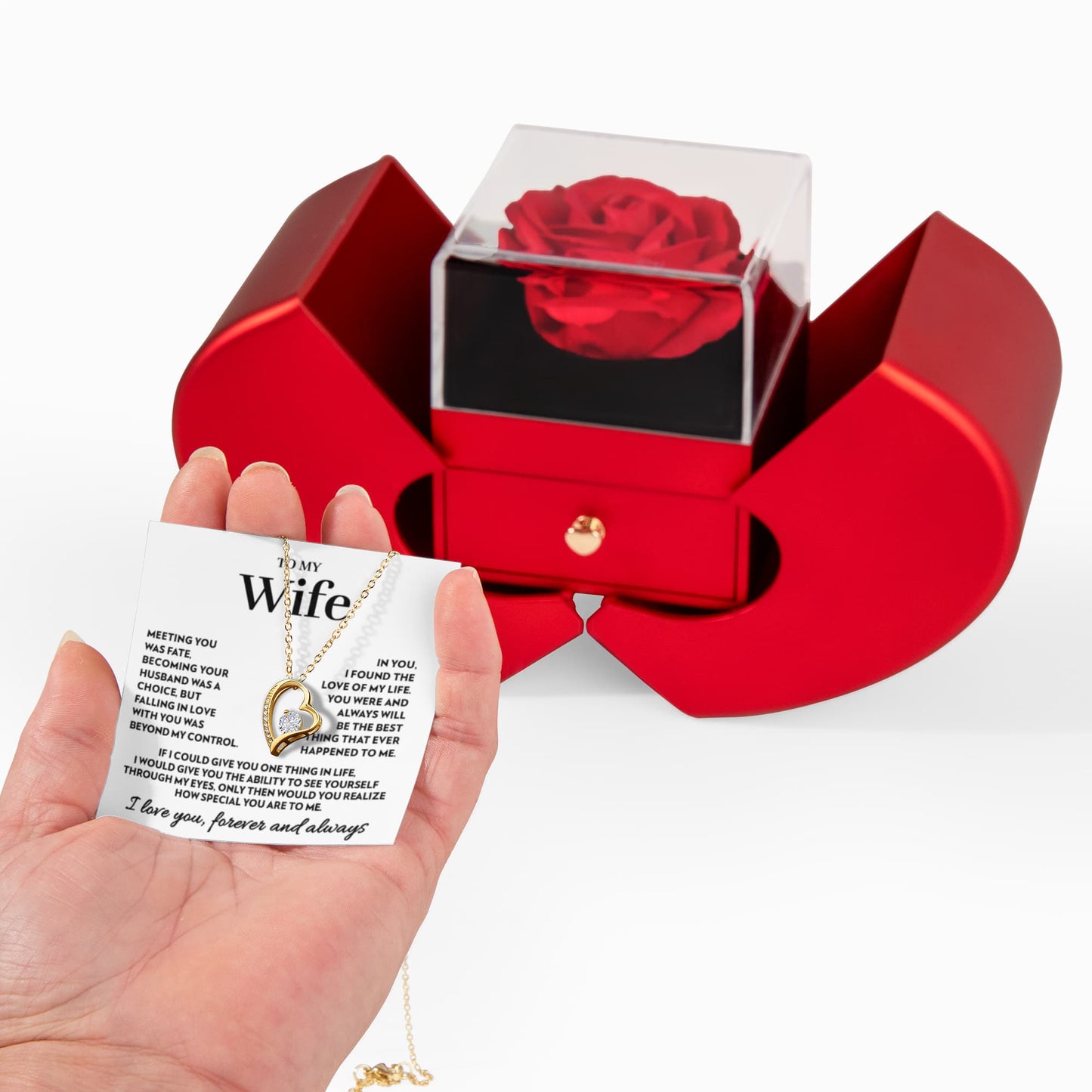 Gift for Wife - Love of My Life - Forever Love Necklace with Red Heart Rose Box