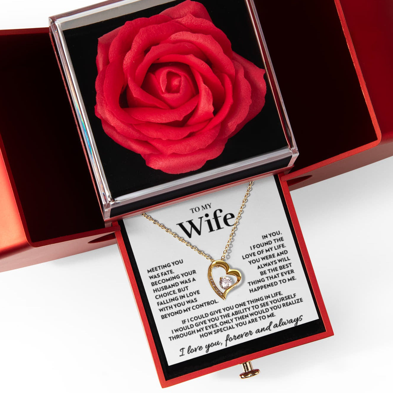 Gift for Wife - Love of My Life - Forever Love Necklace with Red Heart Rose Box